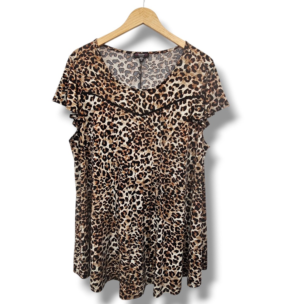 Cocomo Woman Blouse 2X Brown Tan Leopard Print Flutter Sleeve Pleated flowy Boho